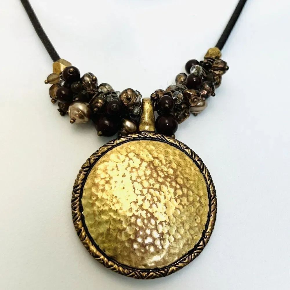 Premier Designs Pendant Necklace Hammered Antiqued Gold Tone Medallion Cord 4331